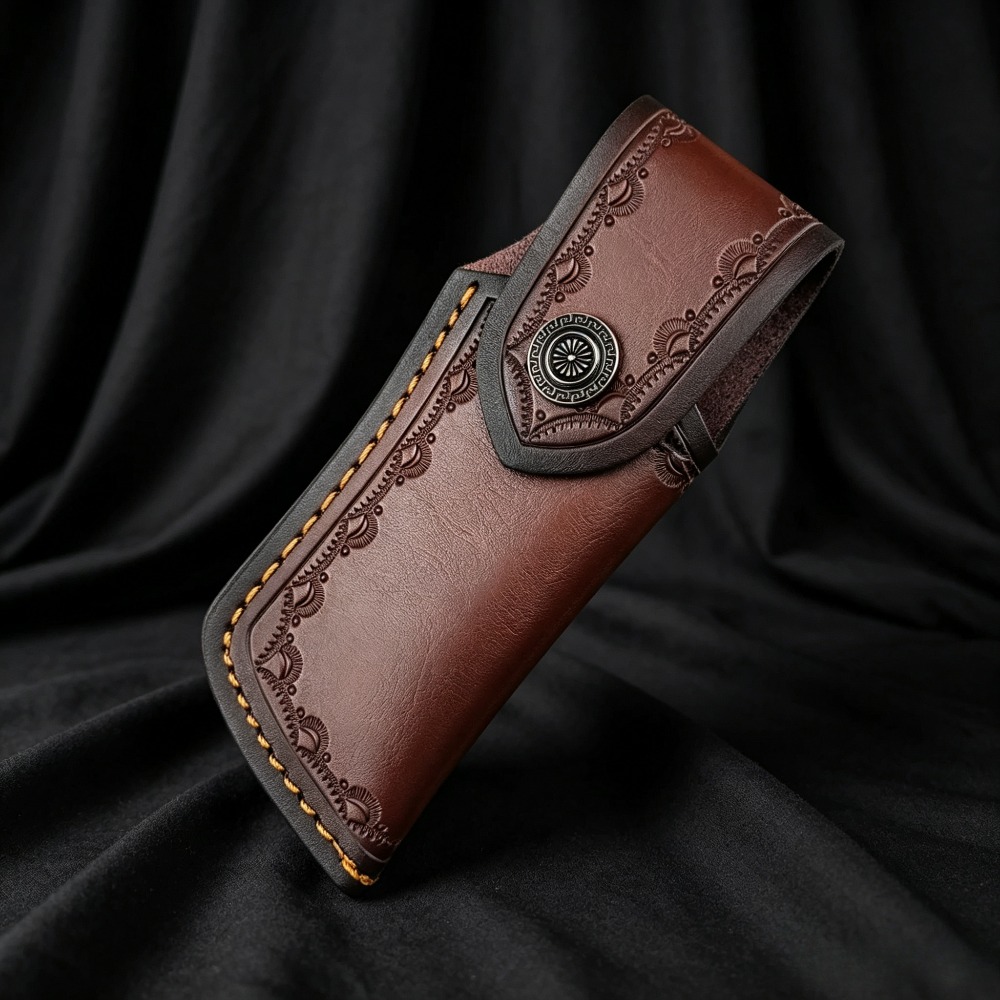 Leather Edc. Carry Pouch - ซองใส่มีดหนังแท้ลายนูนแบบสะสม พร้อมตะเข็บสีน้ำตาล ซองใส่มีดพร้อมตัวล็อกโลหะ กระเป๋าพกพา EDC